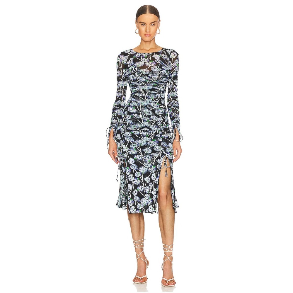 Diane von Furstenberg DVF Corrine Dress Watercolor Floral Medium Black Mesh Midi
